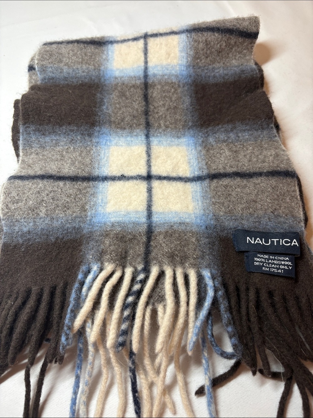Nautica Brown and Cream Plaid Lambswool Scarf 9”x40”